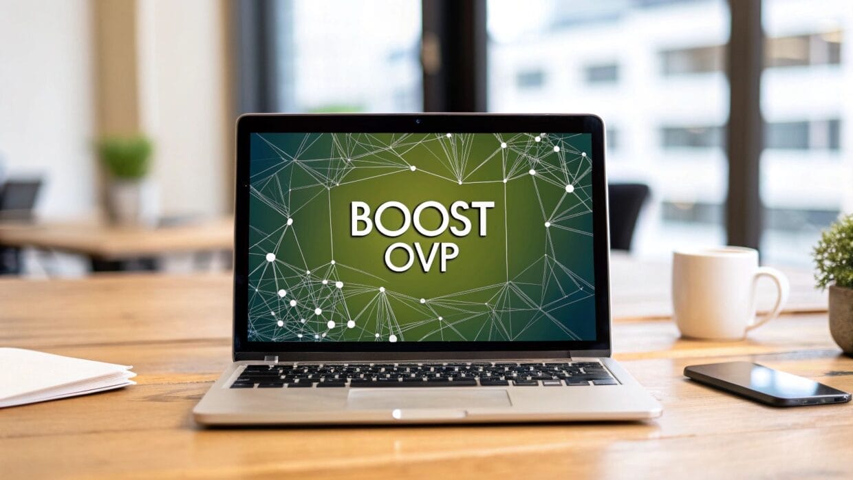 Laptop on a wooden table displaying "BOOST OVP" with a network pattern background. Nearby are a notebook, a smartphone, a potted plant, and a coffee cup.