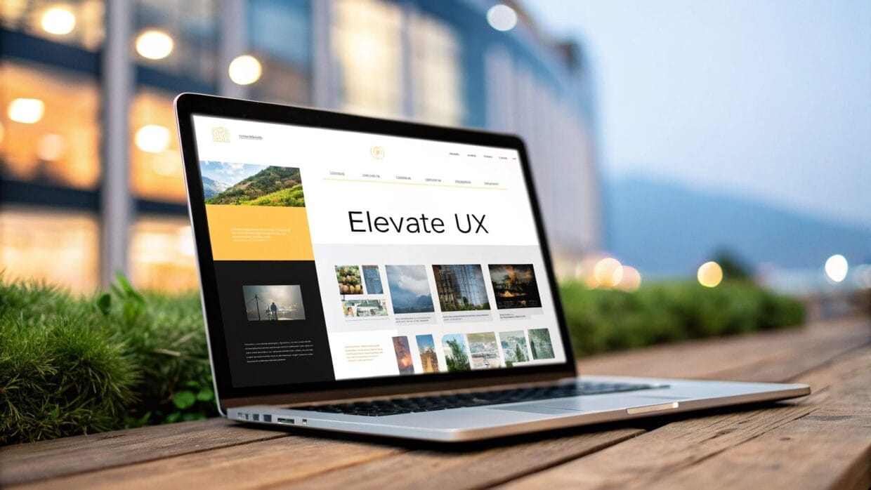 Open laptop on a wooden table displays a website with "Elevate UX" text and various images. Blurred building and greenery in the background.