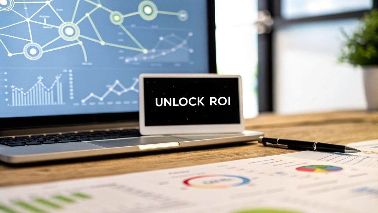 Laptop and smartphone on a desk display graphs and the text "UNLOCK ROI," with business papers and a pen nearby.