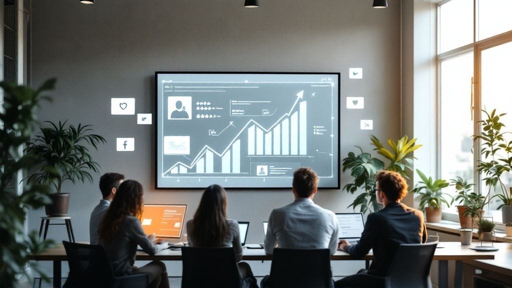 Four people sit at a table with laptops, viewing a large display screen showing graphs and charts, suggesting a business presentation or meeting.