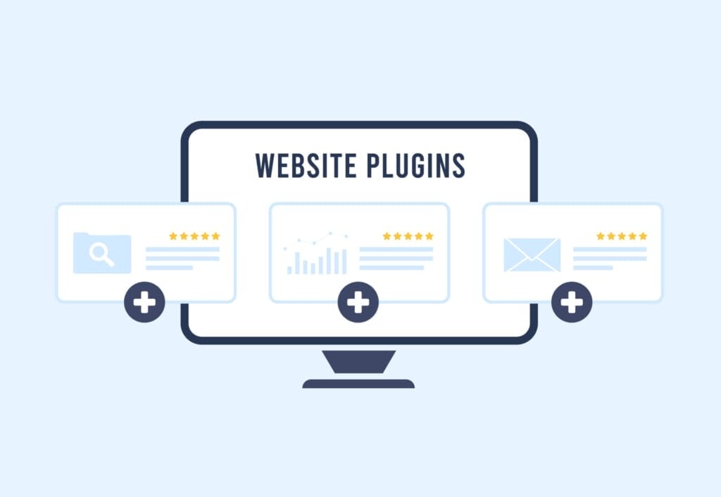 A computer screen displays "Website Plugins" with three plugin icons—ratings, charts, and email features—highlighting top WordPress Ecommerce Plugins on a light blue background.