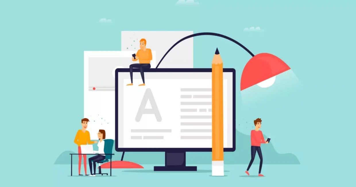 Illustration of people working and interacting around a large computer monitor displaying text, with a giant pencil and lamp nearby, highlighting keyword research techniques to improve website visibility.