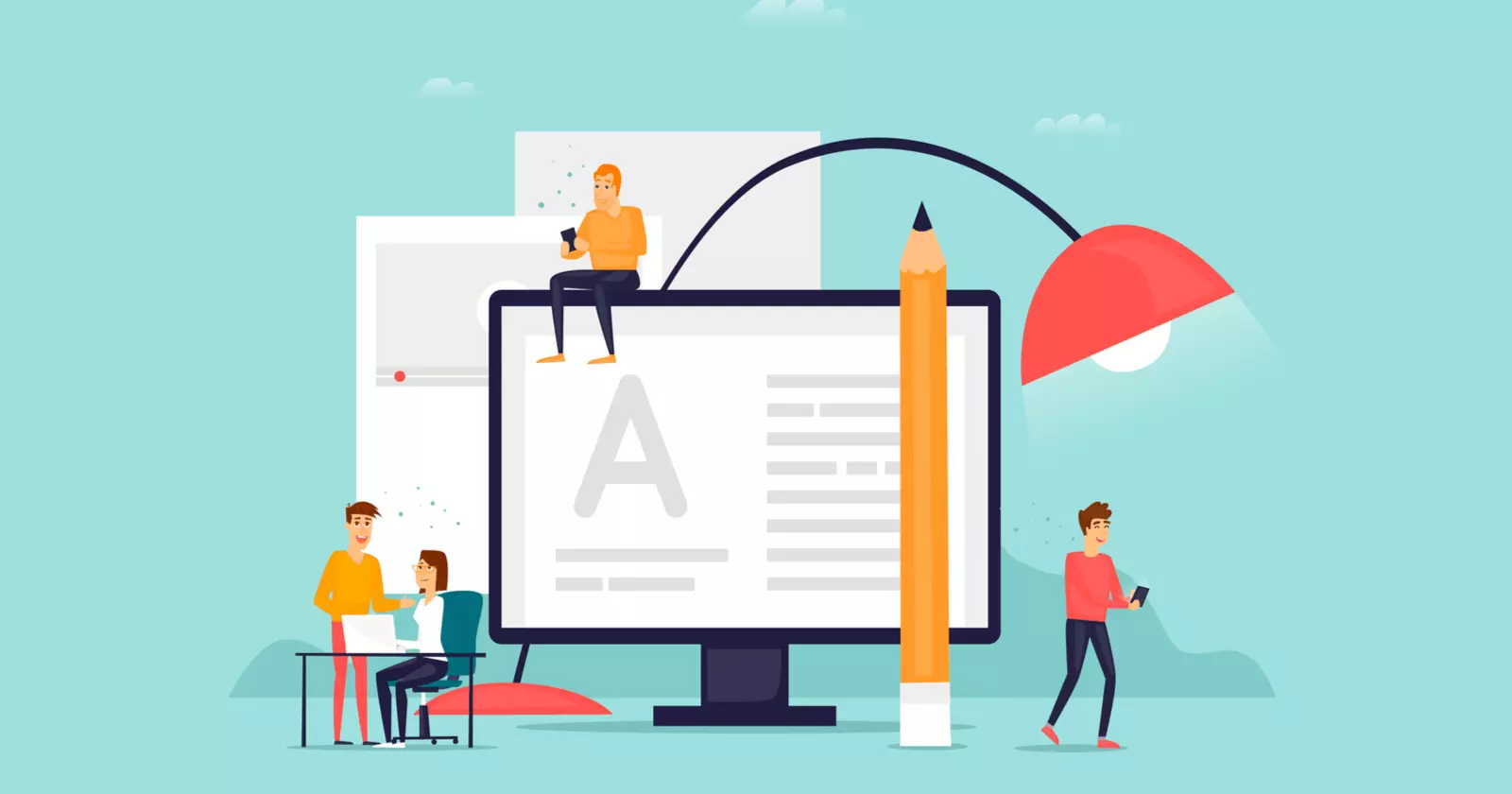 Illustration of people working and interacting around a large computer monitor displaying text, with a giant pencil and lamp nearby, highlighting keyword research techniques to improve website visibility.
