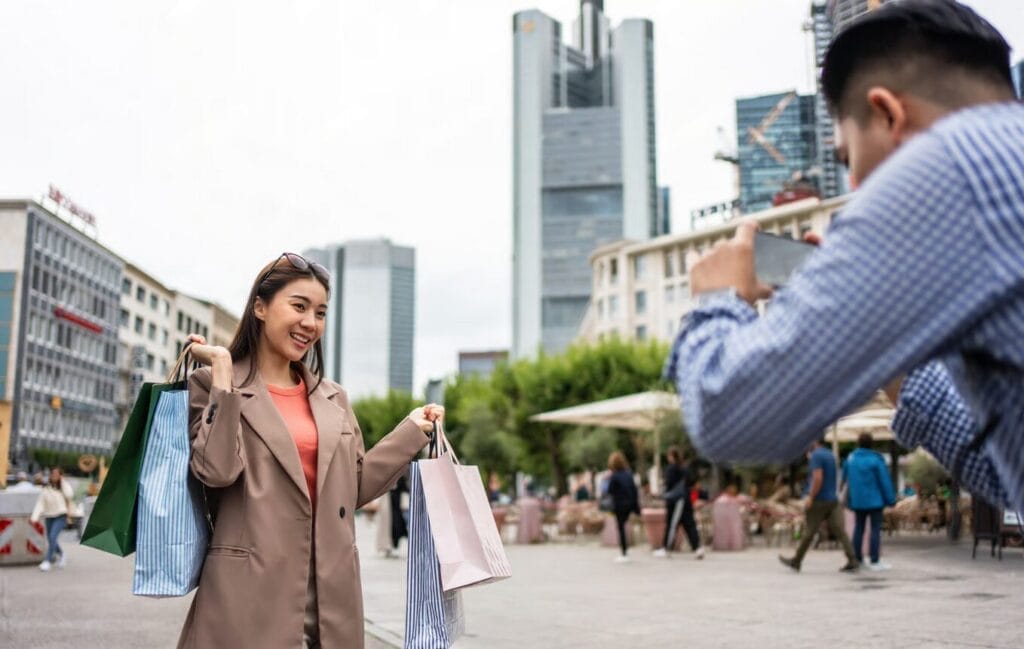 A woman holding shopping bags poses in an urban outdoor area as someone photographs her, capturing a city scene reminiscent of marketing visuals often used by B2C SaaS companies, with tall buildings in the background.