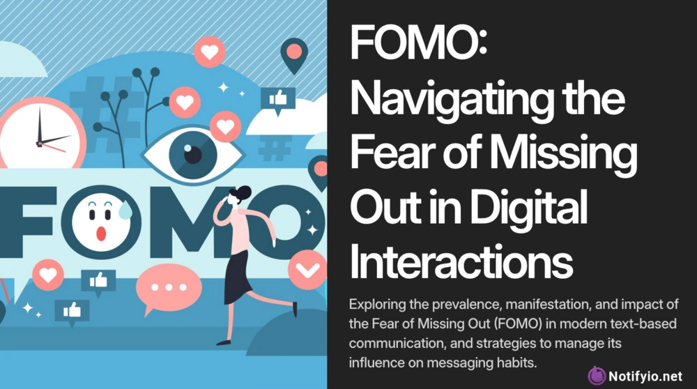 An illustrated woman looks anxious as phone and social media icons surround her; text explores fomo meaning in text and how this fear shapes digital interactions and messaging habits.