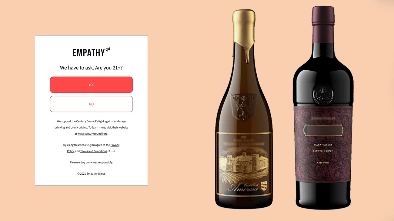 An age verification pop-up appears beside two bottles of wine, one white and one red, on a light peach background—creating a splash page designed to boost conversion.