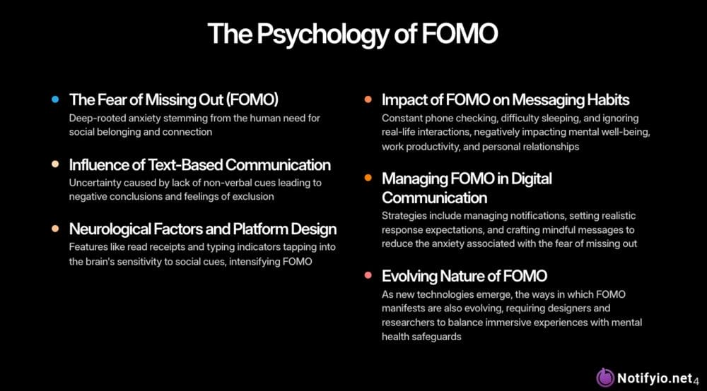 A black slide titled "The Psychology of FOMO" summarizes factors like fomo meaning in text, messaging habits, platform design, management strategies, and evolving technology.