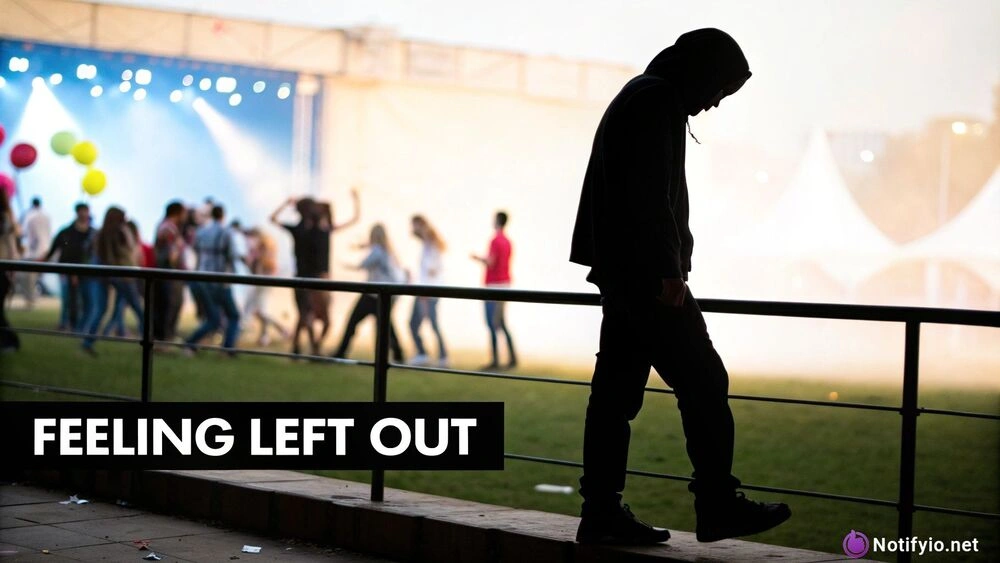 A person stands alone in the foreground, head down, while a group of people socializes in the background at an outdoor event. Text reads, “FEELING LEFT OUT”—capturing the fomo meaning in text perfectly.