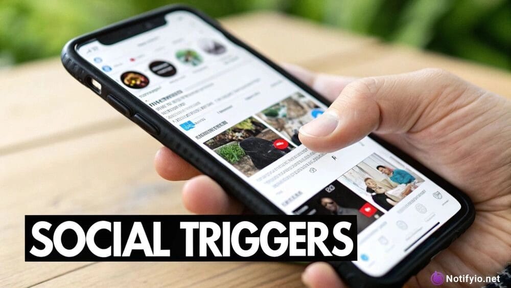 A person holds a smartphone displaying a social media feed, capturing the fomo meaning in text; the words "SOCIAL TRIGGERS" appear in bold text at the bottom left.
