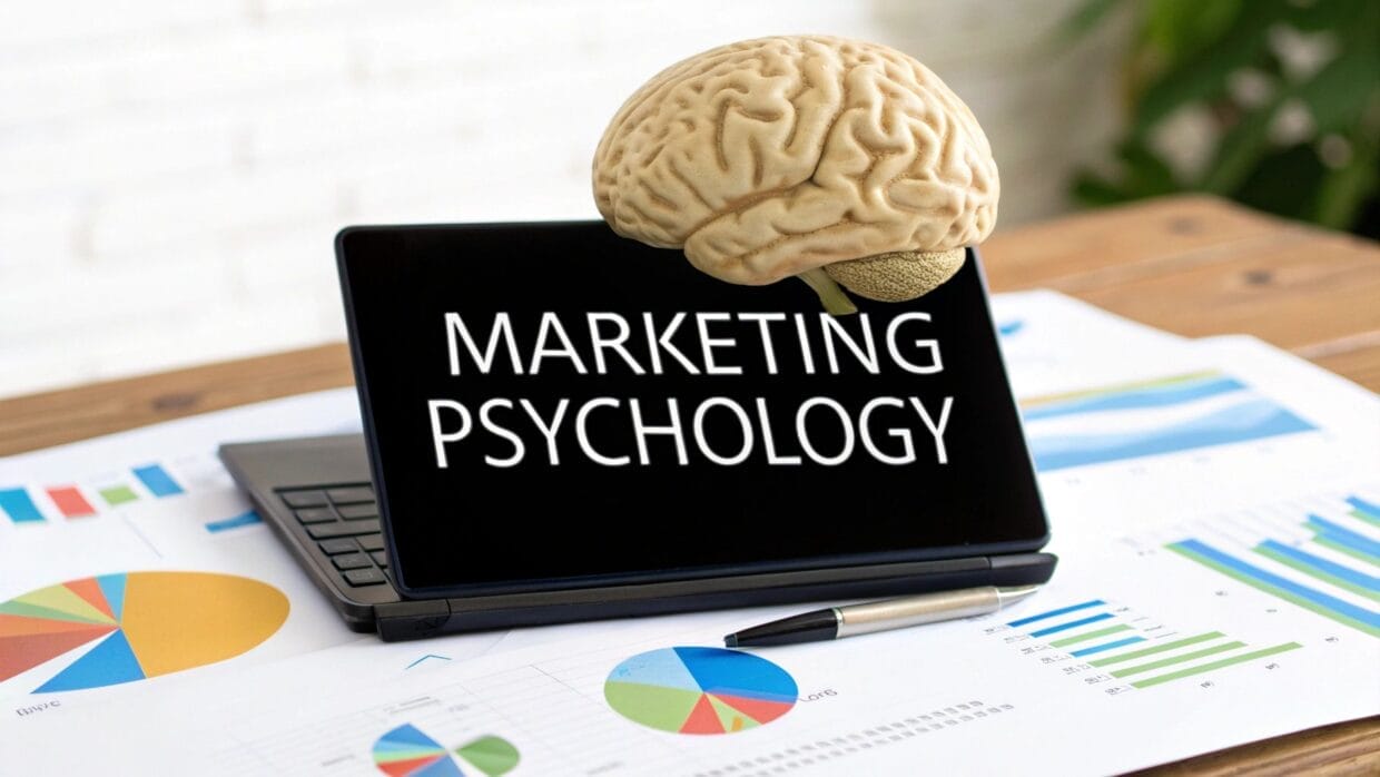A laptop displaying "Marketing Psychology" on its screen, with a brain model on top, surrounded by charts and a pen on a wooden desk.