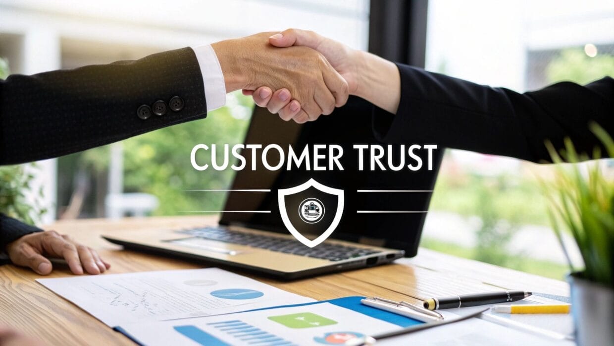 Two people in business attire shake hands over a desk with documents and a laptop, with the words "CUSTOMER TRUST" and a shield icon overlayed.