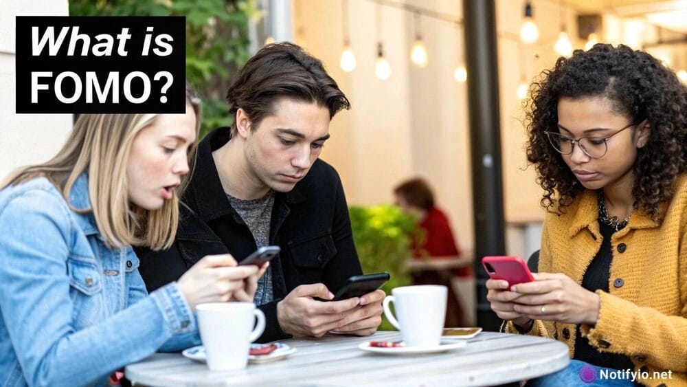 Three young adults sit at an outdoor café table, looking at their smartphones. The text "What is FOMO?" appears in the upper left corner, hinting at the fomo meaning in text and how it shapes their social interactions.